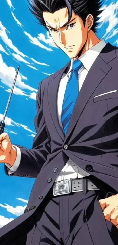 Anime character in a sleek suit with a blue sky background.