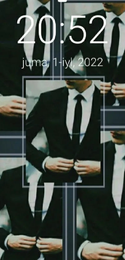 Collage of men in suits with a stylish, modern design background.