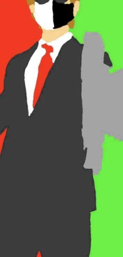 Character in suit with red and green background.