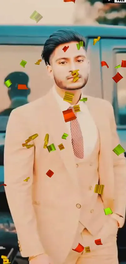 Man in tan suit with confetti on luxury car background.