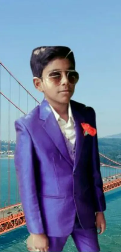 Boy in purple suit with bridge backdrop.