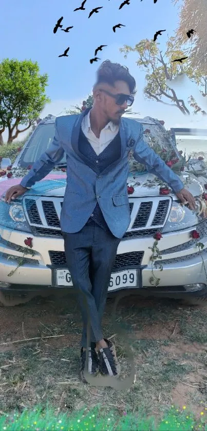 Stylish person in blue suit leaning on a decorated jeep outdoors.