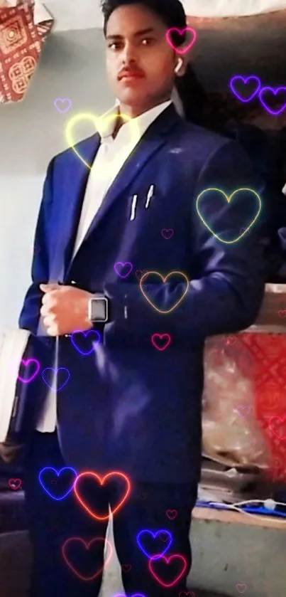 Stylish man with neon heart overlay on wallpaper.