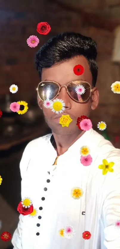 Young man wearing sunglasses in a rustic setting, captured in a stylish portrait.