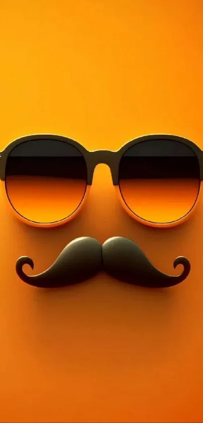 Stylish sunglasses and moustache on vibrant orange background.