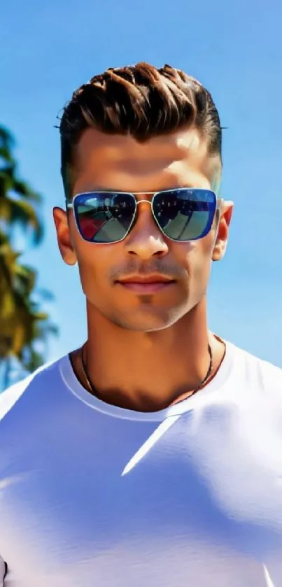 Man wearing sunglasses under blue sky with tropical vibes.