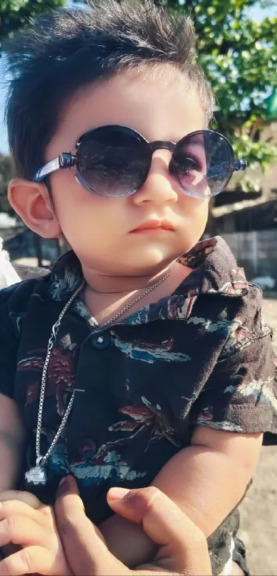 Boy in sunglasses with stylish outfit under sunny sky.