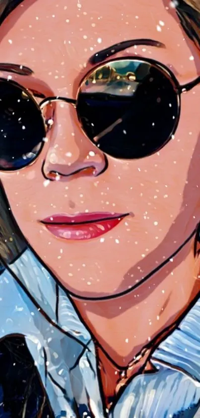 Cartoon style woman with sunglasses in a vibrant artistic design.