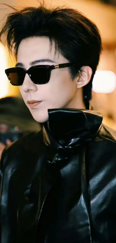 A person wearing sunglasses and a leather jacket, exuding modern style.