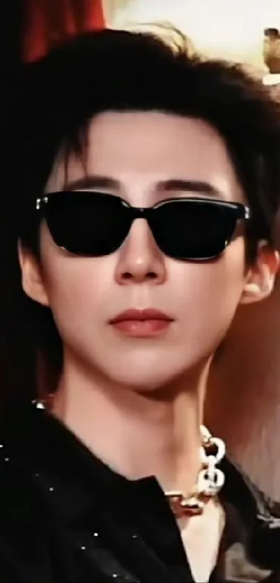 Person in sleek black outfit and sunglasses with a confident expression.