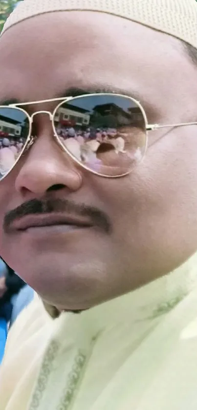 Man wearing aviator sunglasses in stylish portrait, reflecting a crowd scene.