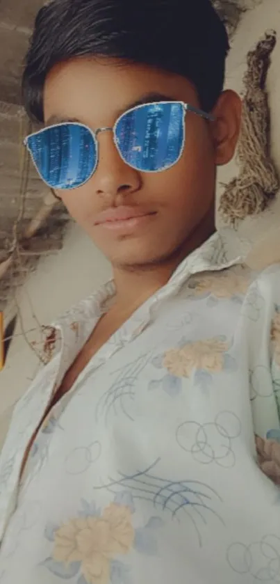 Young man in sunglasses and floral shirt, modern and stylish look.