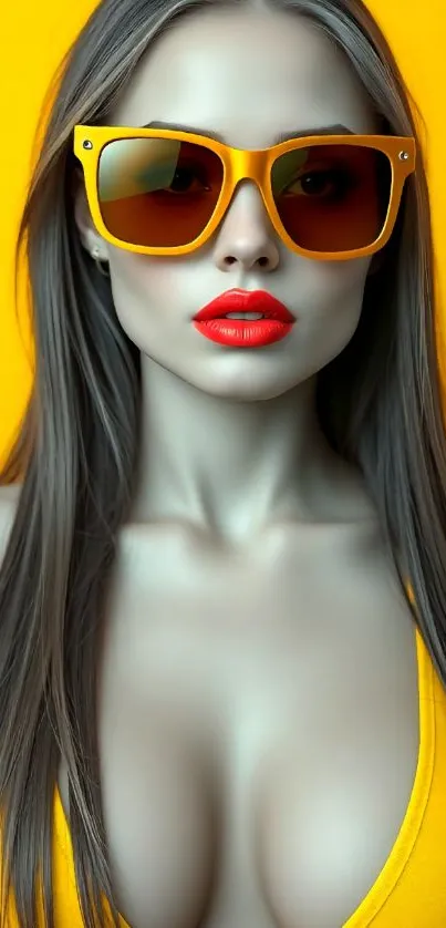 Woman wearing yellow sunglasses against orange backdrop