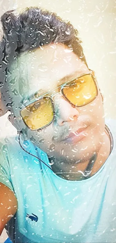 Man in yellow sunglasses and white t-shirt posing casually.