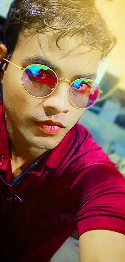 Portrait of person with colorful sunglasses in a red shirt.