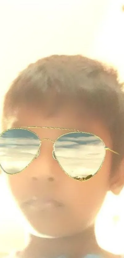 Wallpaper with sunglasses reflecting clouds on a beige background.