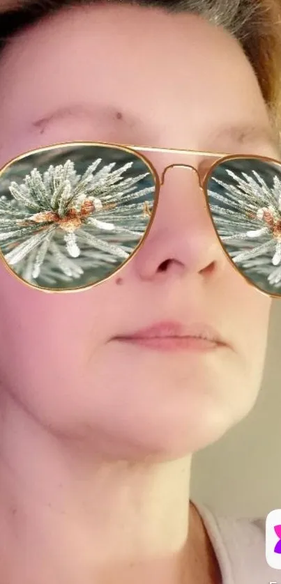 Person wearing sunglasses with frosty pine reflection in lenses.