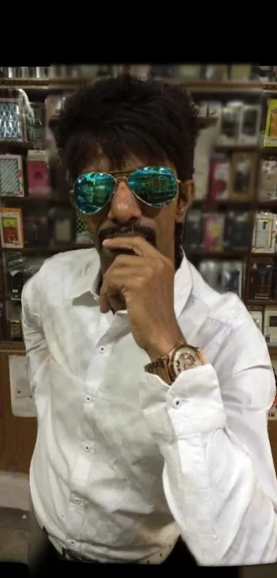 Man in white shirt with blue sunglasses in a mobile store.