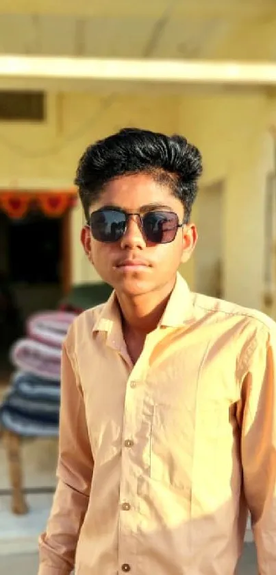 Young man in sunglasses and beige shirt, sunlit background.