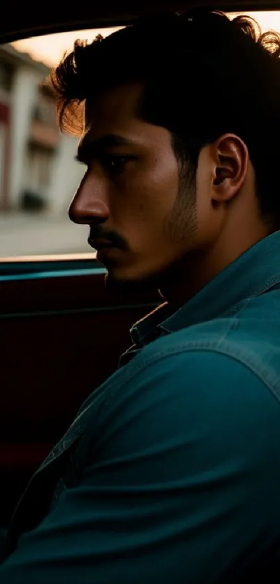 Silhouette of a man in a car at sunset with urban backdrop.