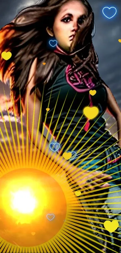 Stylish woman with vibrant sunburst and heart symbols in sunset background.