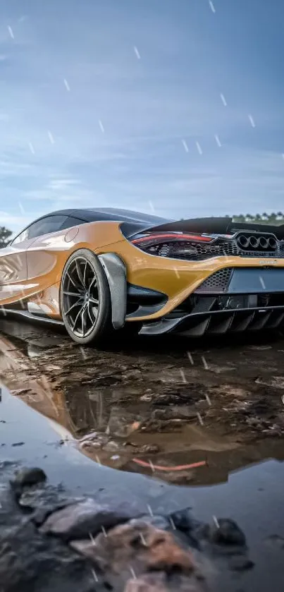 A sleek supercar with a water reflection against a blue sky.