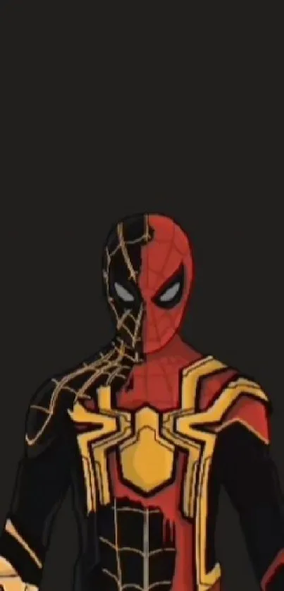 Superhero in half red, half black suit with golden accents.