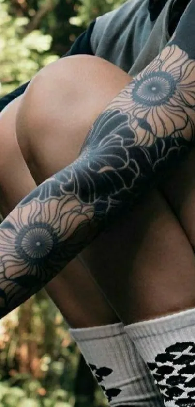 Tattoo sleeve arm design background in nature.