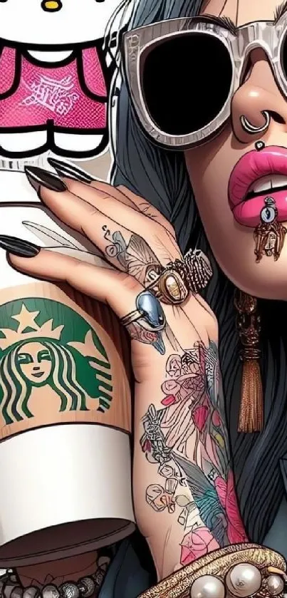 Vibrant tattoo art wallpaper with fashion accessories and a coffee cup theme.