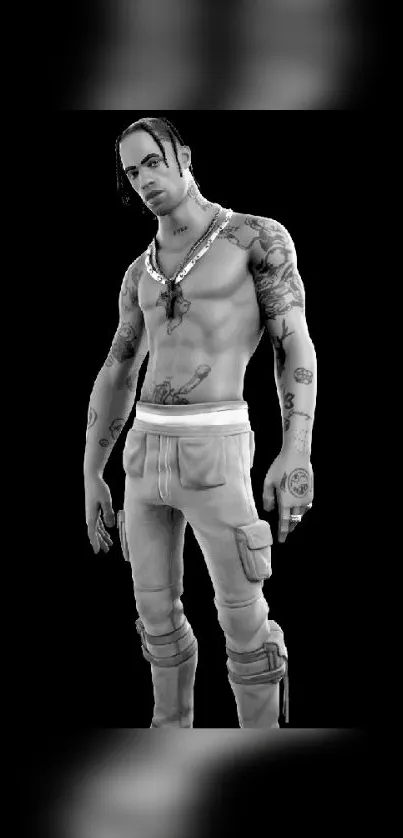 Black and white tattooed character on mobile wallpaper.