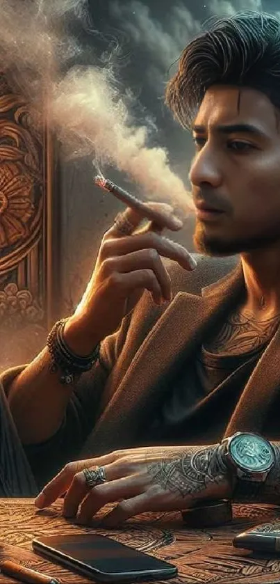 Tattooed man smoking in a stylish, vintage setting.