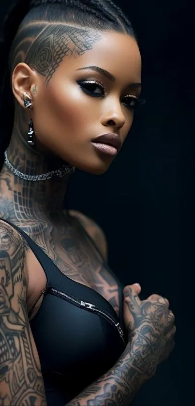 Portrait of a stylish tattooed model with intricate body art.