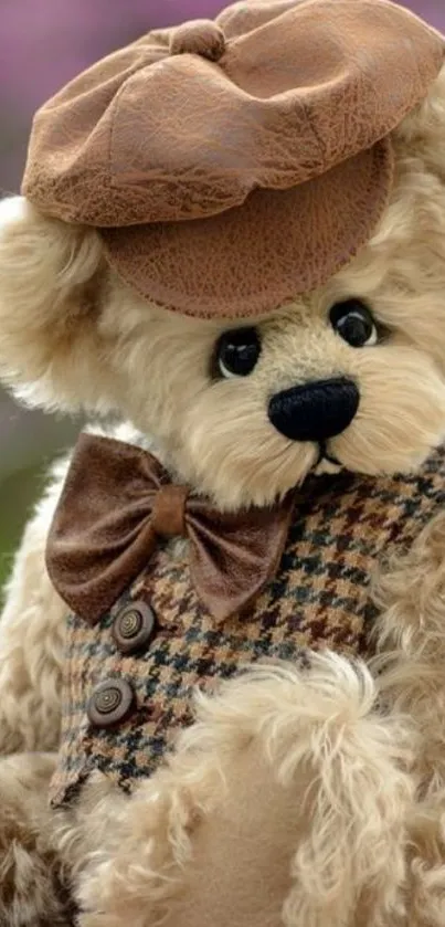 Stylish teddy bear wearing a hat and suit.