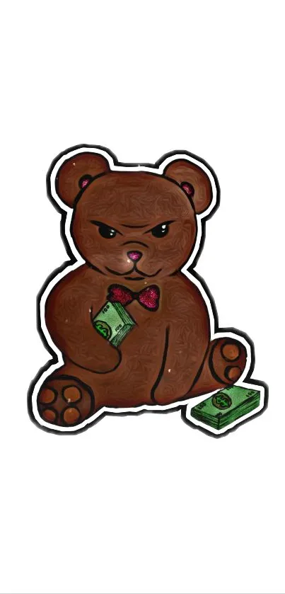 Brown teddy bear holding cash with a stylish expression on white background.