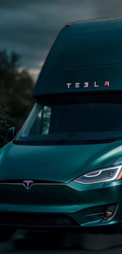 Sleek Tesla van against a moody backdrop.