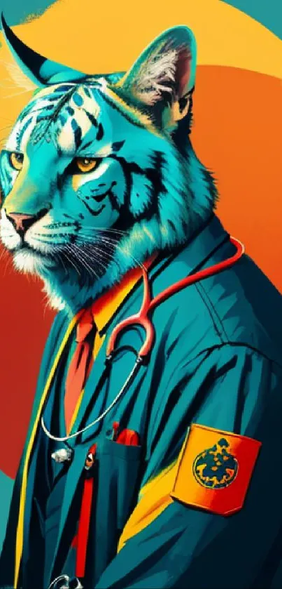 Artistic tiger in vibrant colors wearing a suit, ideal for phone wallpaper.