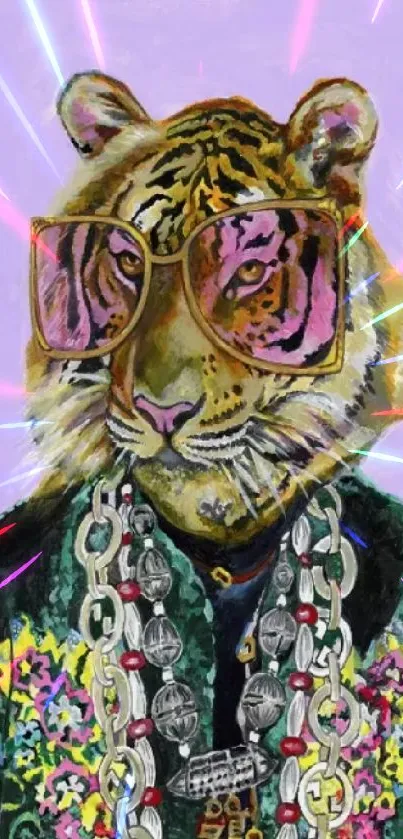 Stylish tiger in sunglasses with ornate attire wallpaper.