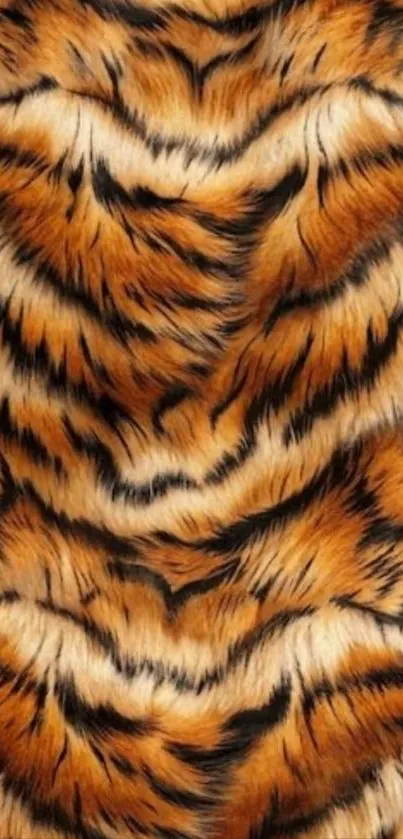 Tiger fur pattern with bold, vivid stripes in shades of orange and black.