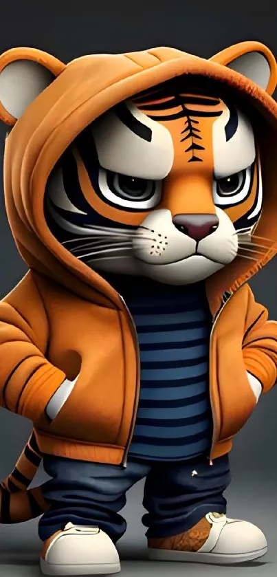 Cartoon tiger in orange hoodie striking a pose.