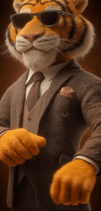Tiger wearing a suit with sunglasses, stylish pose.