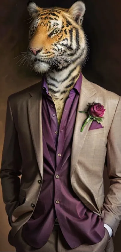 A stylish tiger in a suit with a rose boutonnière on a brown background.