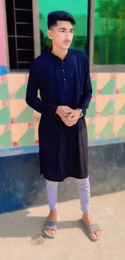 Young man in traditional black attire with a colorful background.