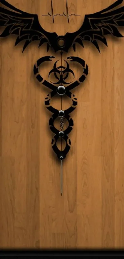 Tribal design with biohazard symbol on wood.