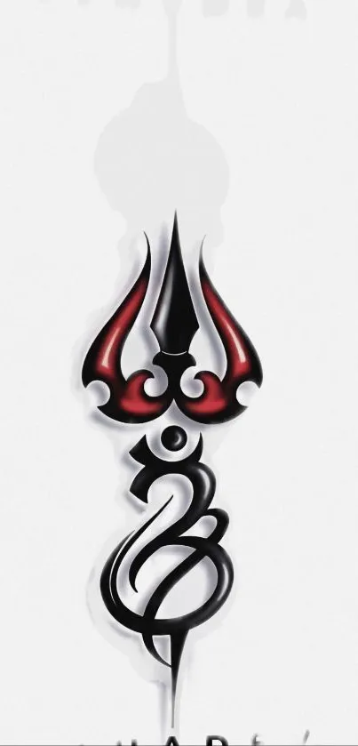 Intricate black and red trident design on white background for mobile wallpaper.