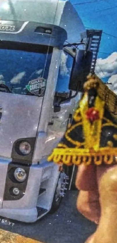 White truck with vibrant blue sky and road background.