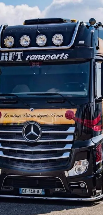 Mercedes truck on a sunny highway, stylish and glossy.