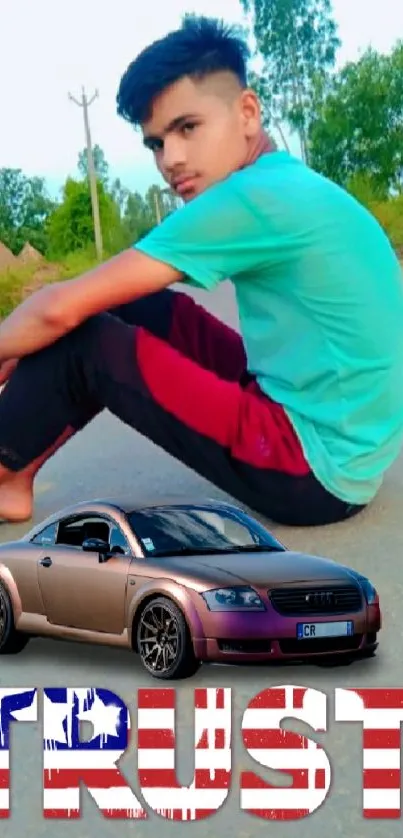 Young man sitting with car and Trust text.