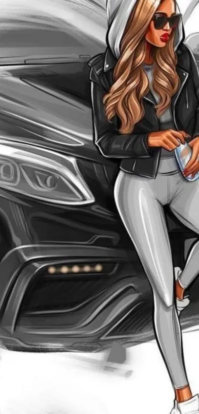 Artistic depiction of a stylish woman by a sleek car.