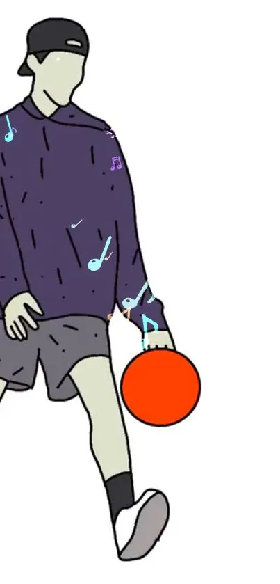 Illustrated character holding a basketball with musical motifs.