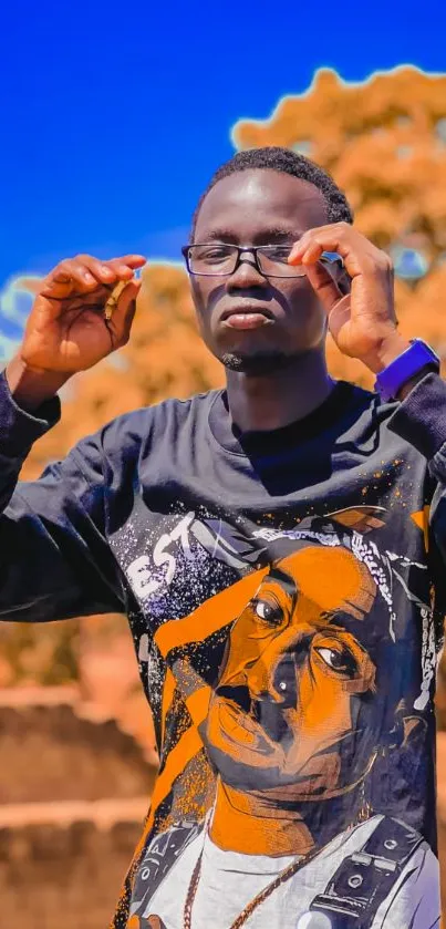 Person in artistic shirt against vibrant orange scenery.